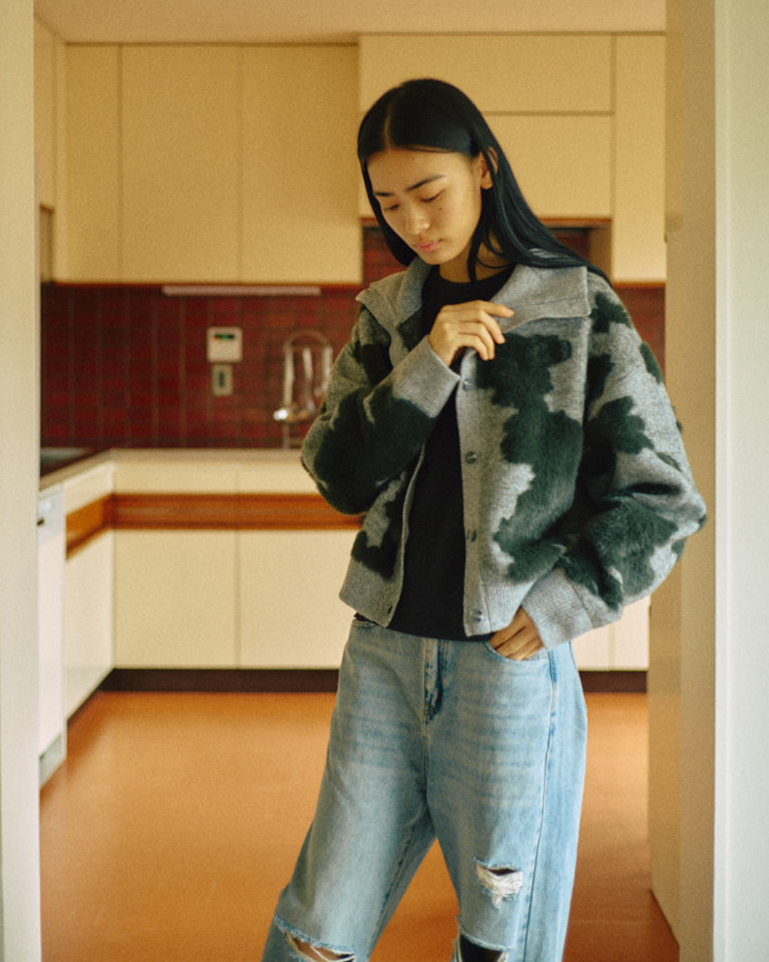 Pattern Knint Blouson -Green- - 26