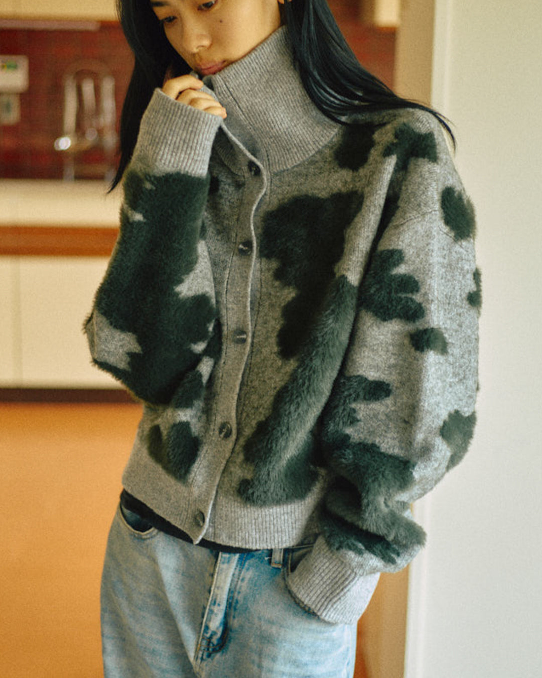 Pattern Knint Blouson -Green- - 16