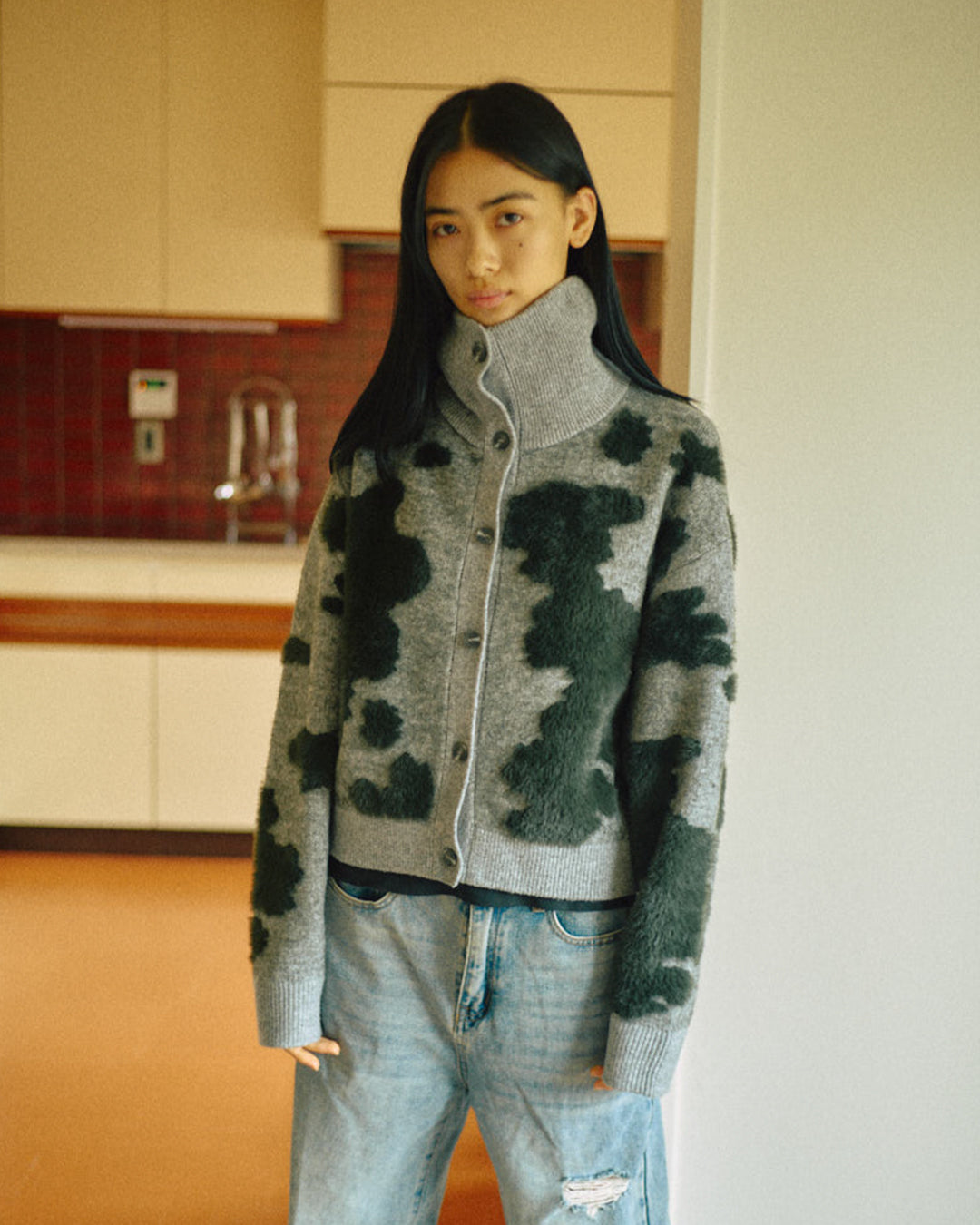 Pattern Knint Blouson -Green- - 18