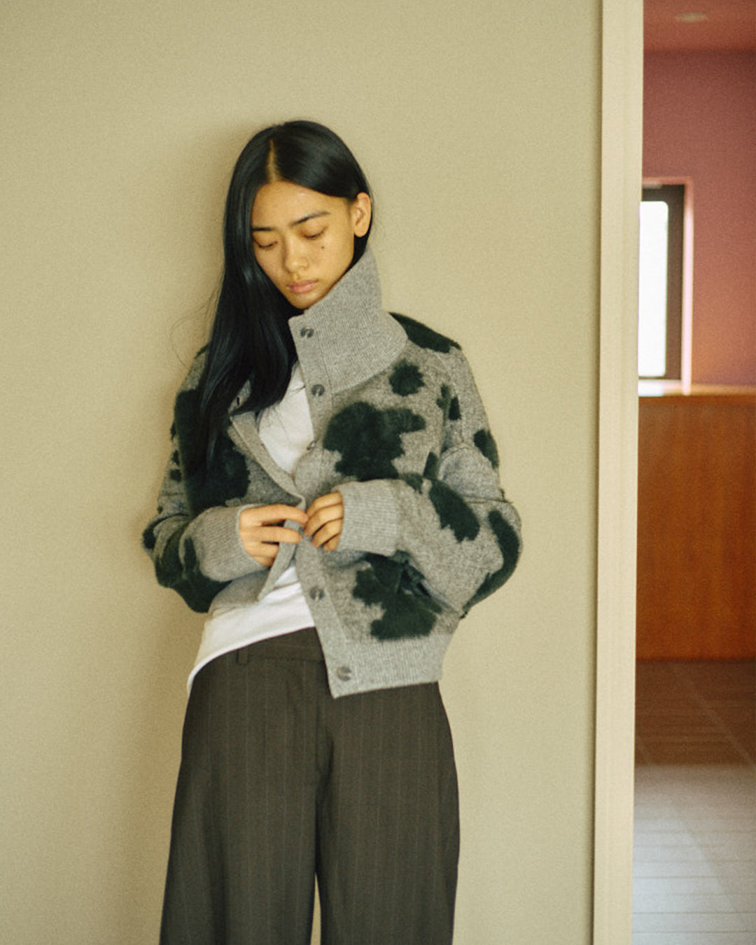 Pattern Knint Blouson -Green- - 31