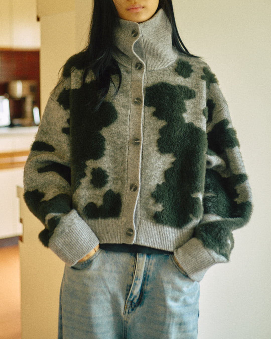 Pattern Knint Blouson -Green- - 14